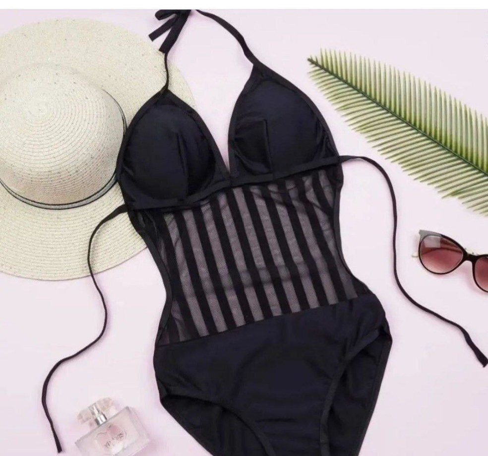 مایو زنانه فانتزی راه راه مشکی کاپدار ضدکلر