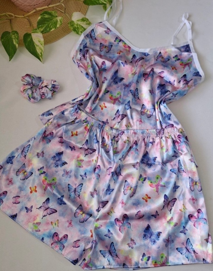 لباس خواب زنانه ساتن دوتیکه طرح پروانه